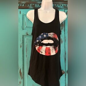 Fifth Sun Black Tank Top with American Flag Lips Graphic